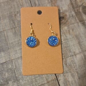 NEW Druzy Sparkly Drop Crystal Round Pendant Dangly Earrings Royal Blue & Gold